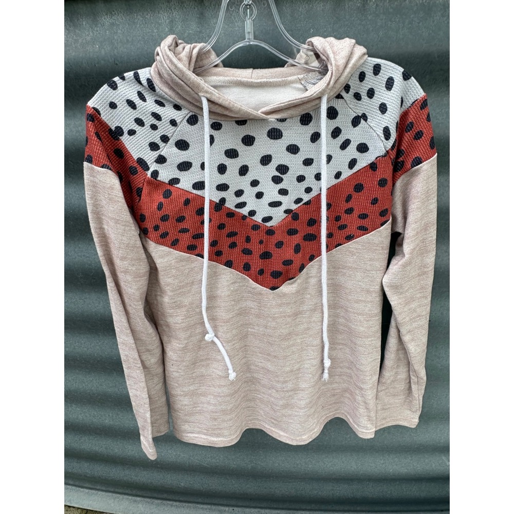 Womens Colorblock Polka Dot Hoodie Tan Orange Black Chevron Pullover Size S